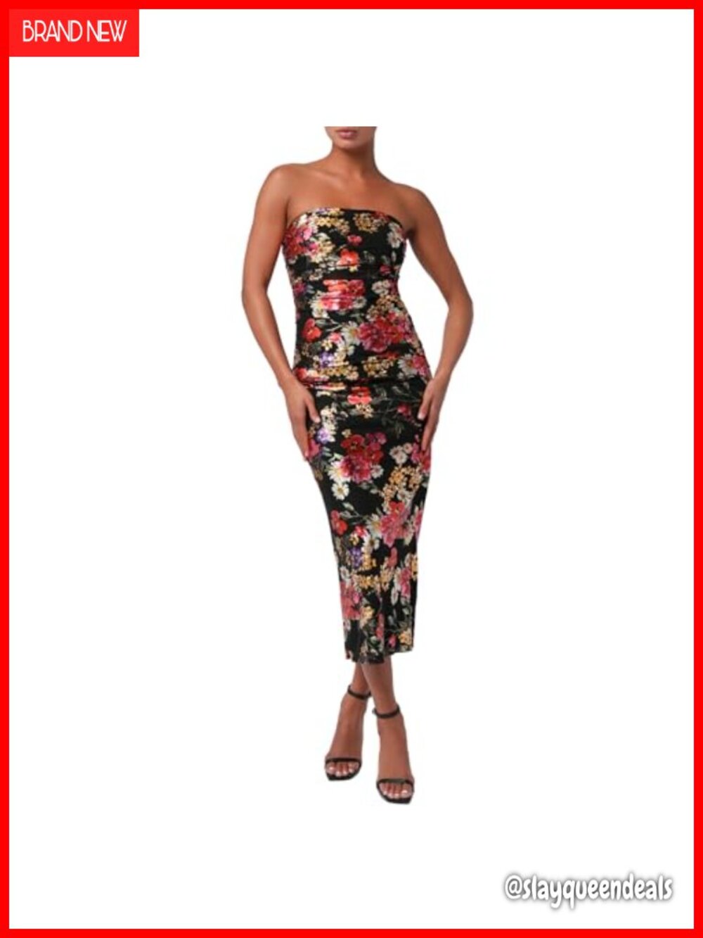 Metallic Floral Mesh Midi Dress Strapless Bodycon Formal Cocktail Party